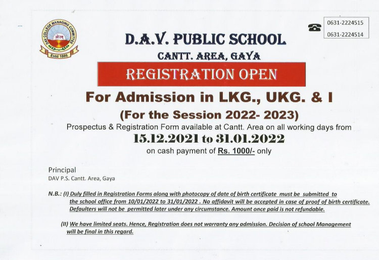 DAV Public school cantt. area,Gaya LKG, UKG, 1 notice